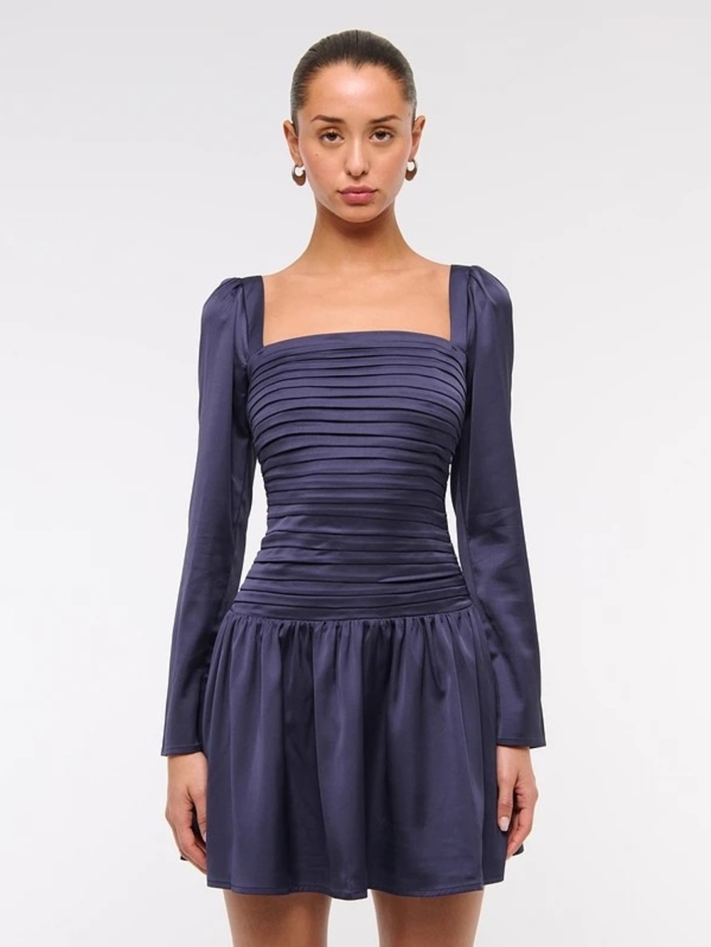 Abercrombie & Fitch Navy Long-Sleeve Square-Neck Pleated Dress